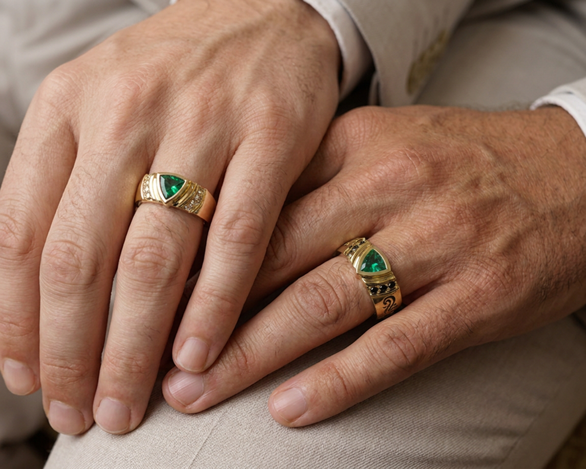 Tribal Gold Emerald Diamond Matching His and His Wedding Bands