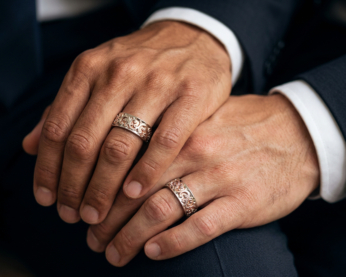 His And His Filigree Wedding Band