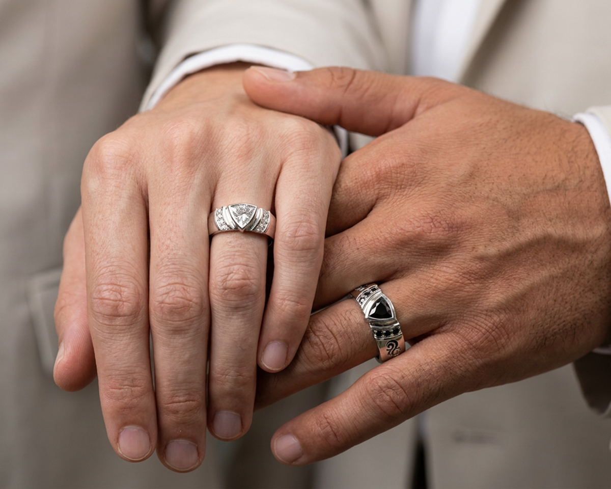 Black & White Diamond Tribal His and His Matching Wedding Bands