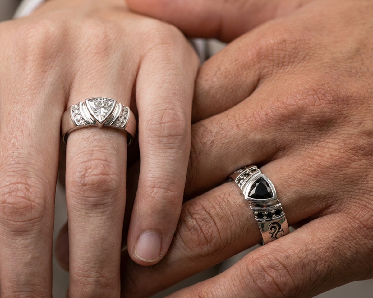 Black & White Diamond Tribal His and His Matching Wedding Bands