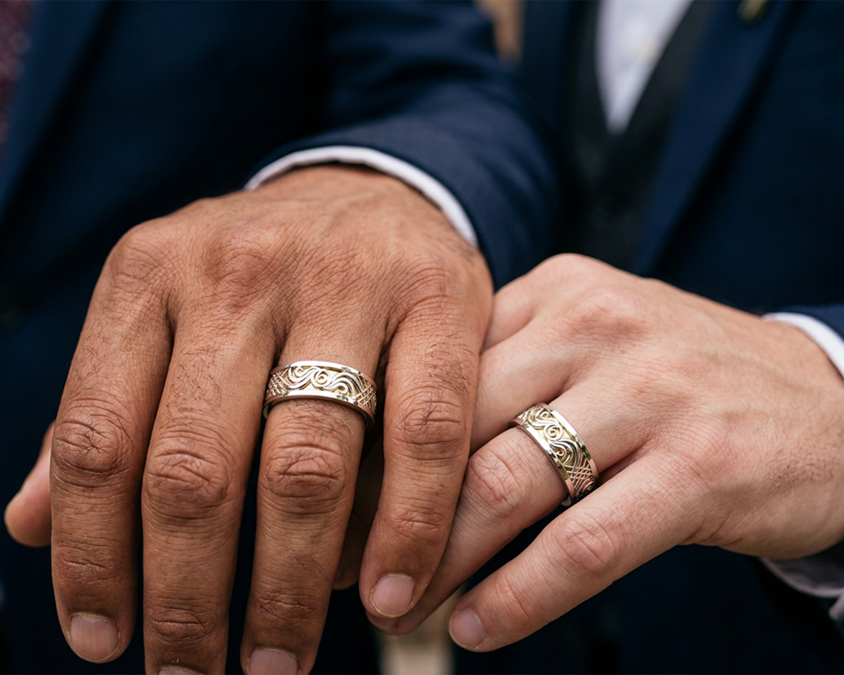 Two-Tone Gold His & His Matching Wedding Bands – Geometric Design