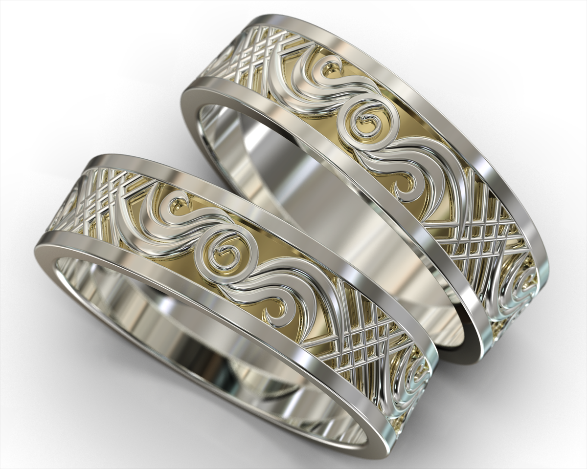 Two-Tone Gold His & His Matching Wedding Bands – Geometric Design