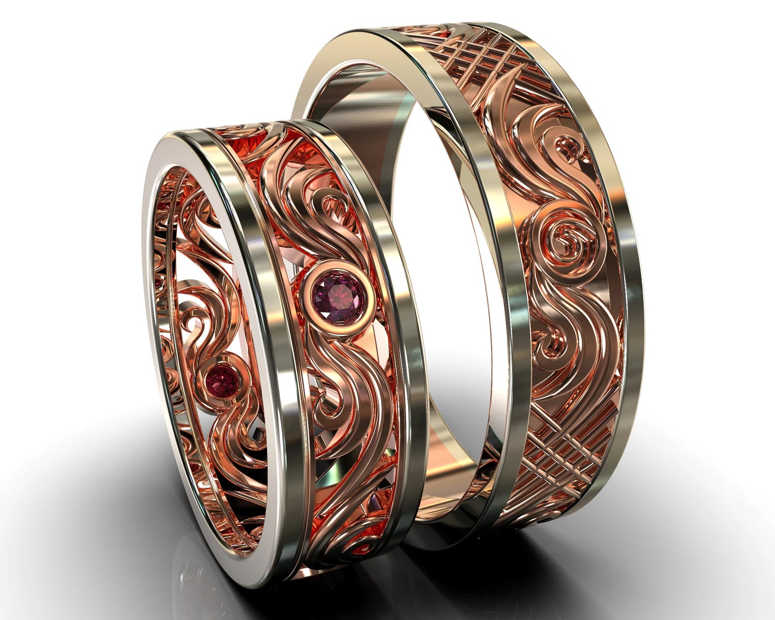 Rose Gold Two Tone Rose Gold Pink Sapphire His and Hers Matching Wedding Bands - Filigree Style