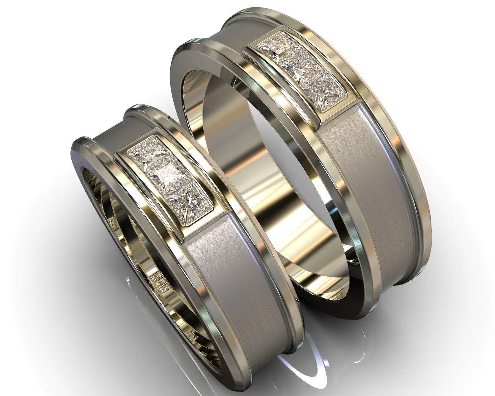 White Gold Diamond White Gold His and Hers Matching Wedding Bands - Square Gem