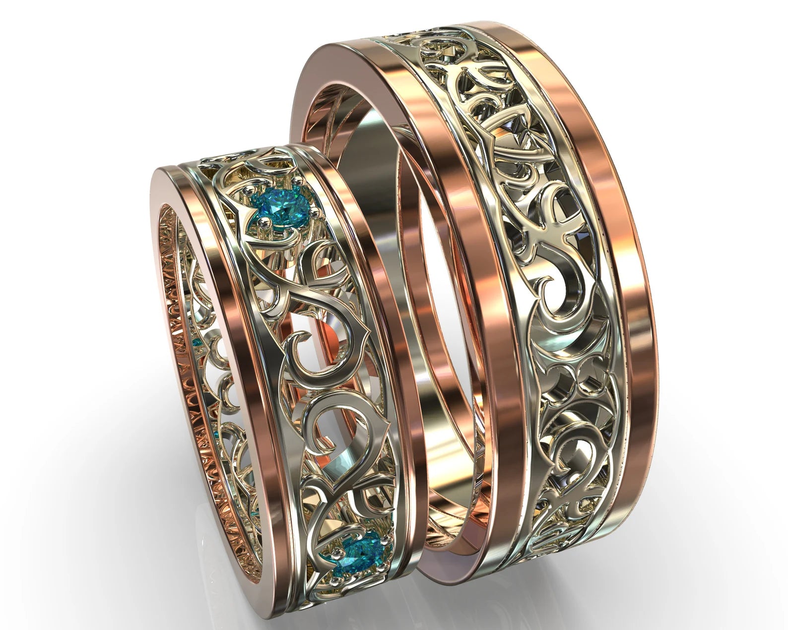 Two Tone Gold Blue Diamond Matching Wedding Bands - Unique Floral Rings – view 1