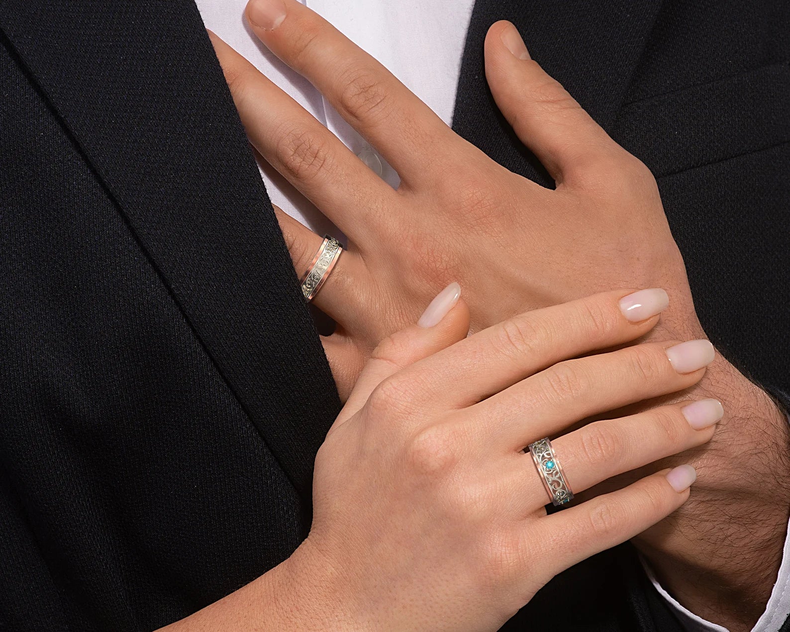 Two Tone Gold Blue Diamond Matching Wedding Bands - Unique Floral Rings – view 2