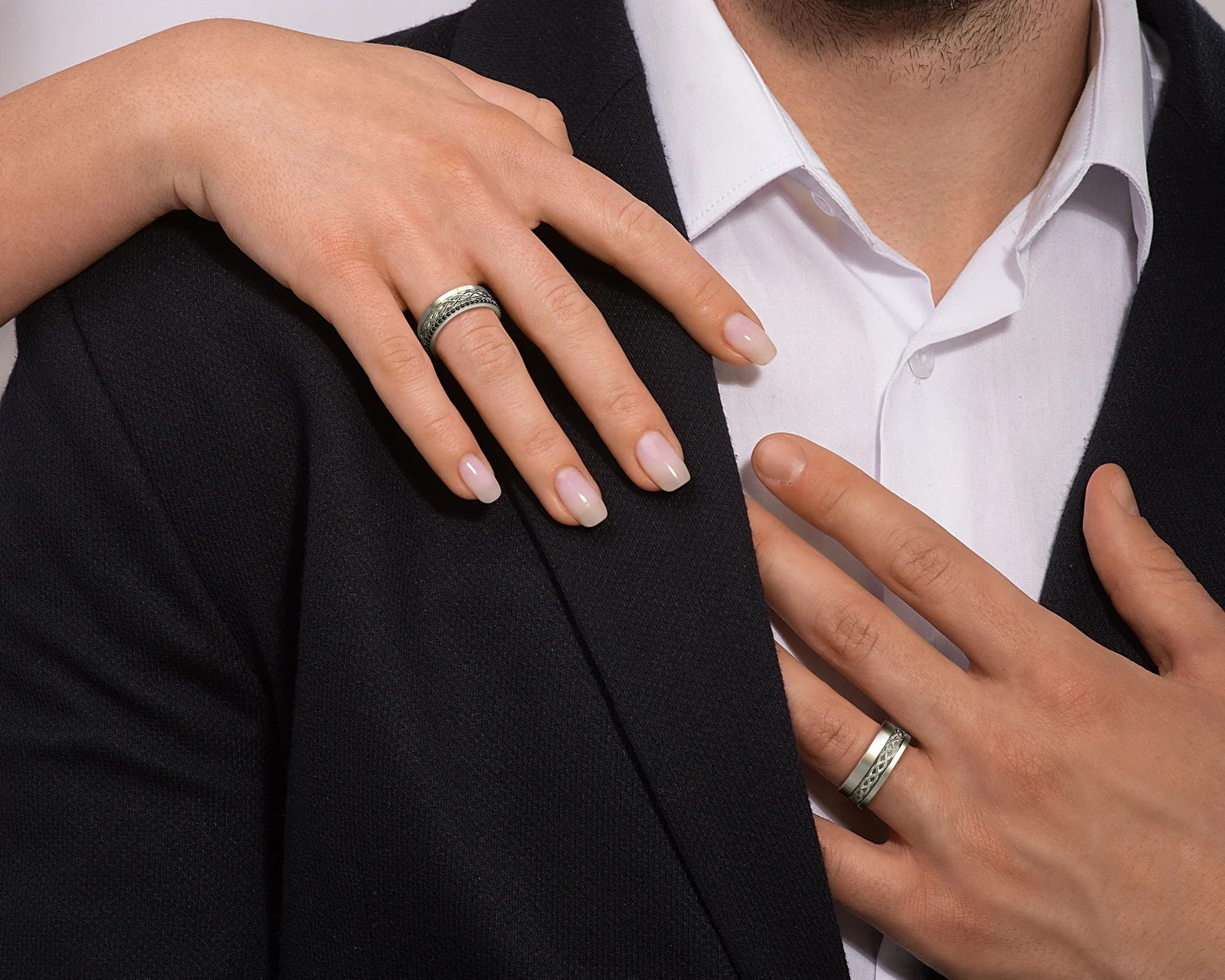 White Gold White Gold His and Her Black Diamond Wedding rings - Celtic Design