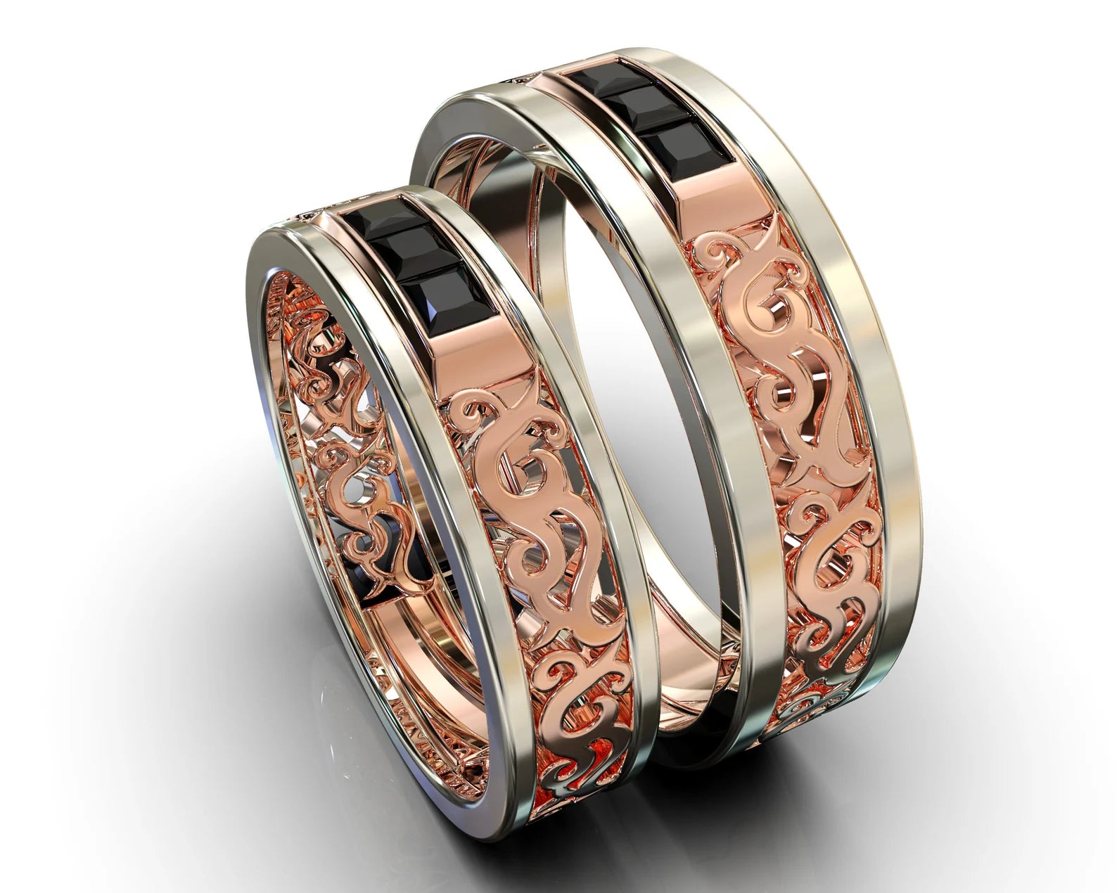 Rose Gold Two Tone Rose Gold Black Diamond Matching Wedding Bands - Filigree Design
