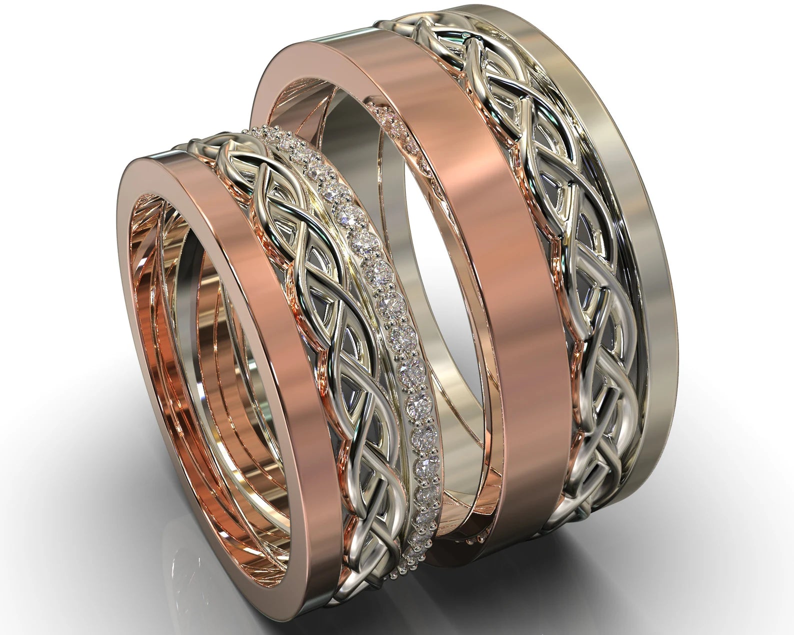 Two-Tone Gold His And Hers Wedding Band Set With Diamonds - Celtic Design – view 1