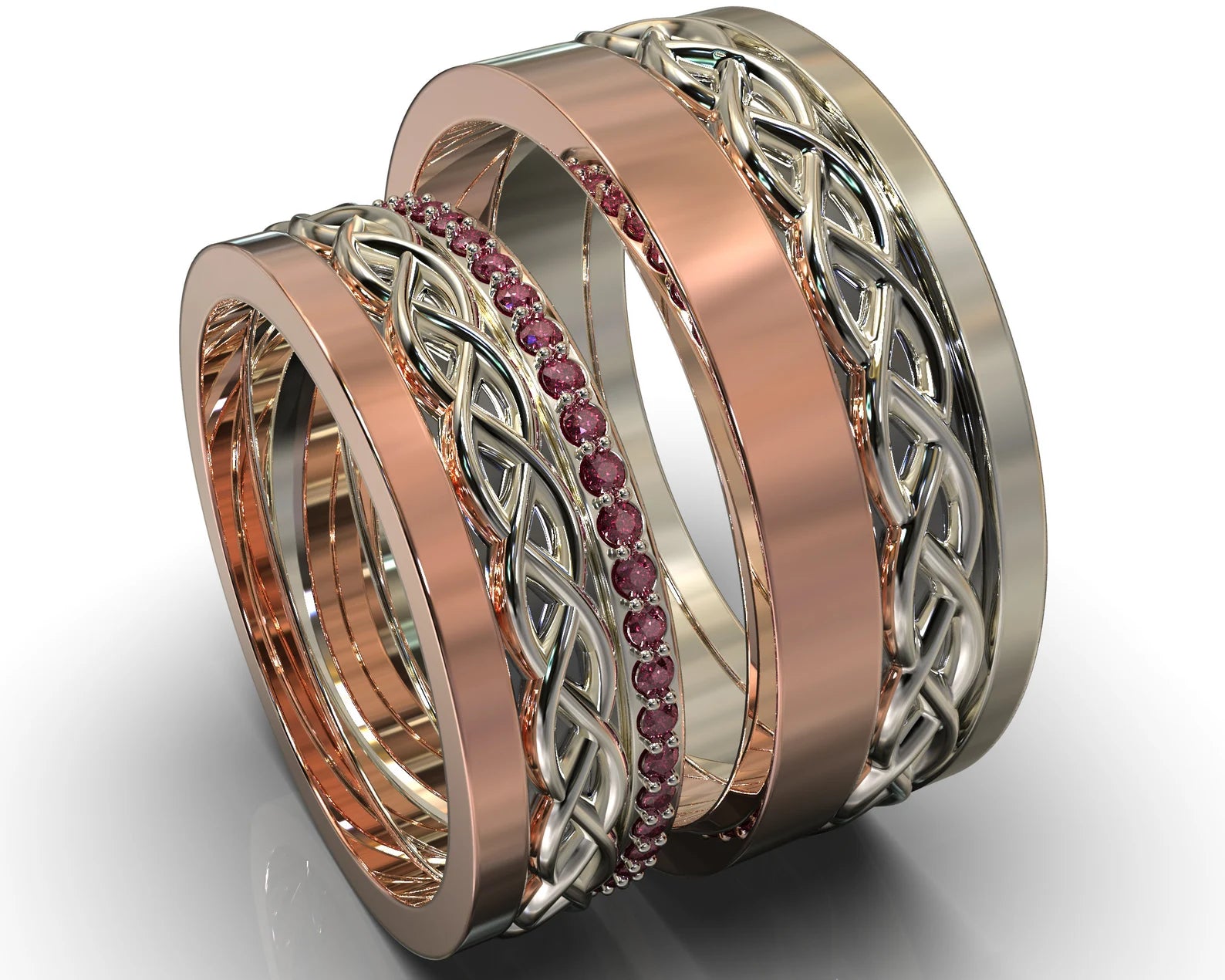 Two Tone Gold Ruby Matching Wedding Bands - Celtic Design – view 1