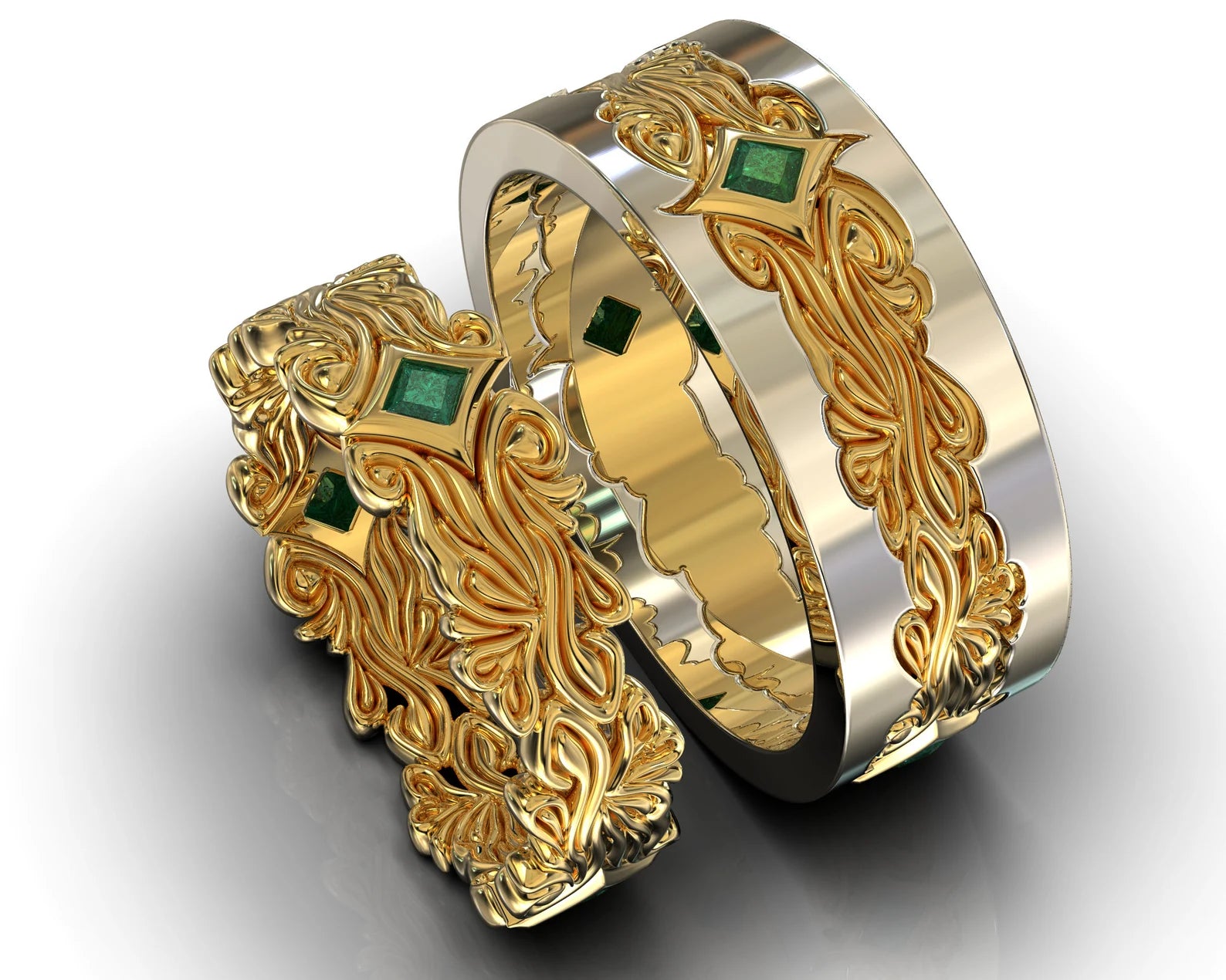 Two Tone Gold Emerald His and Hers Wedding Band Set - Floral Style – view 1
