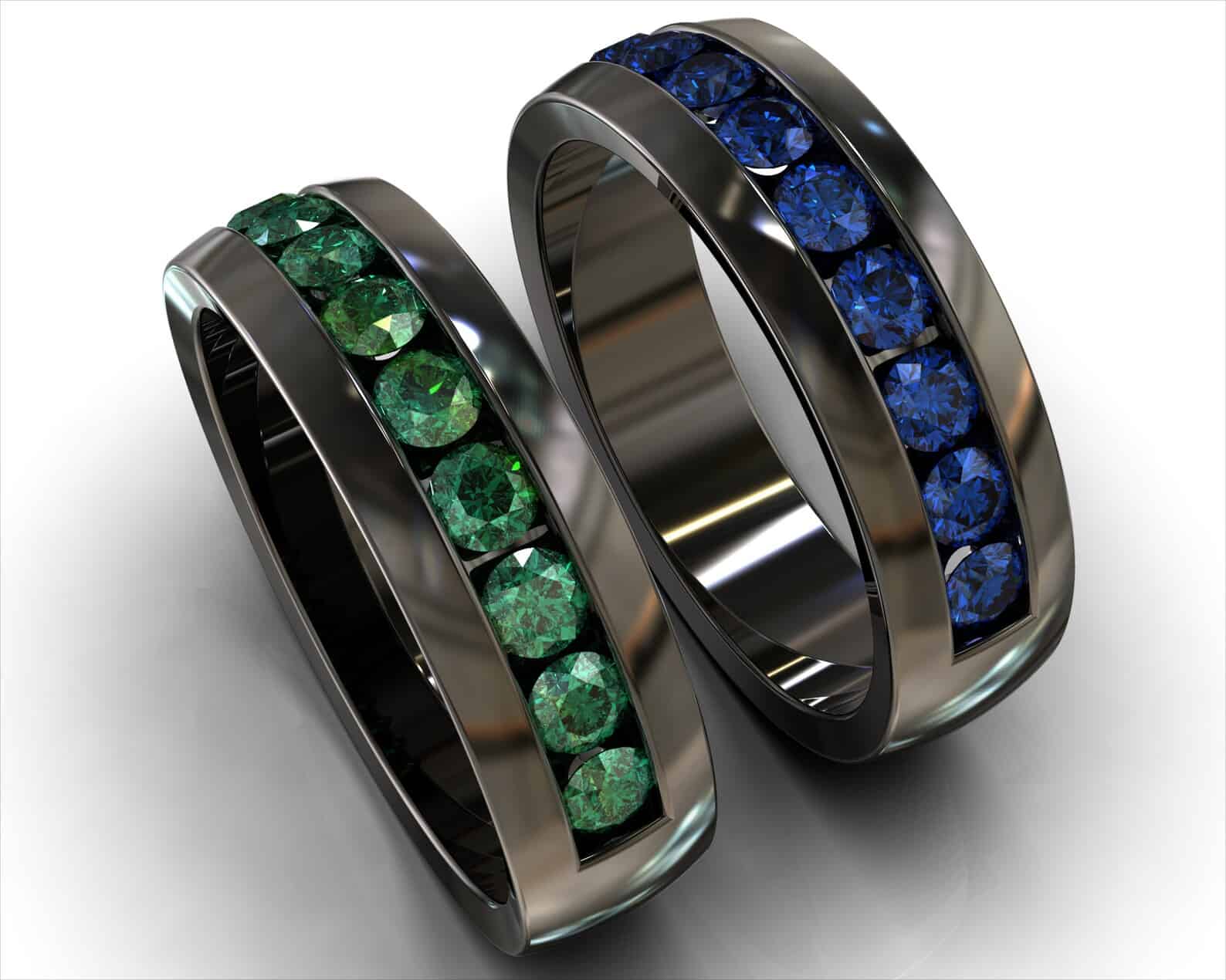 Black Gold Black Gold Emerald Sapphire His and His Matching Wedding Bands