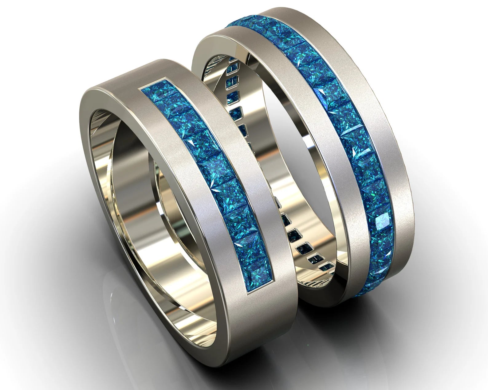 White Gold White Gold Channel Blue Diamond His and His Matching Wedding Bands
