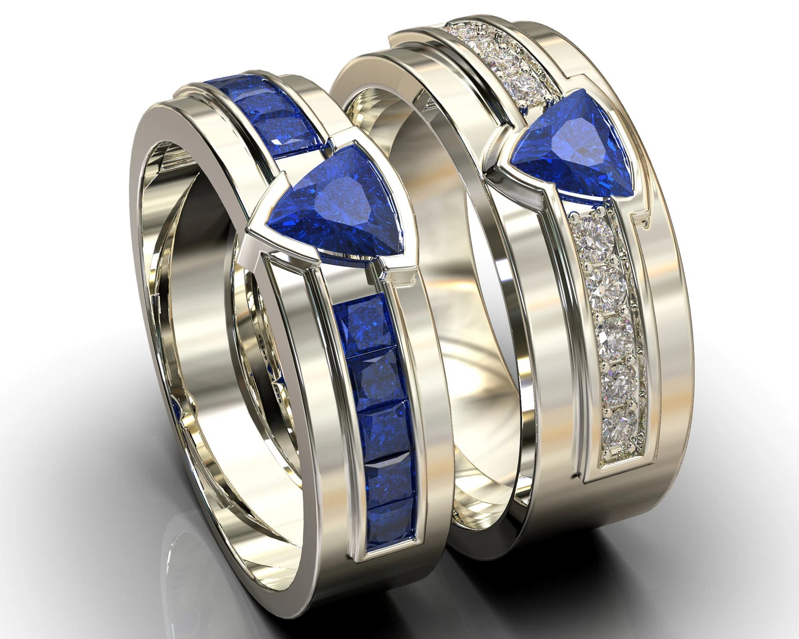 White Gold White Gold Trillion Sapphire Diamond His and His Matching Wedding Bands