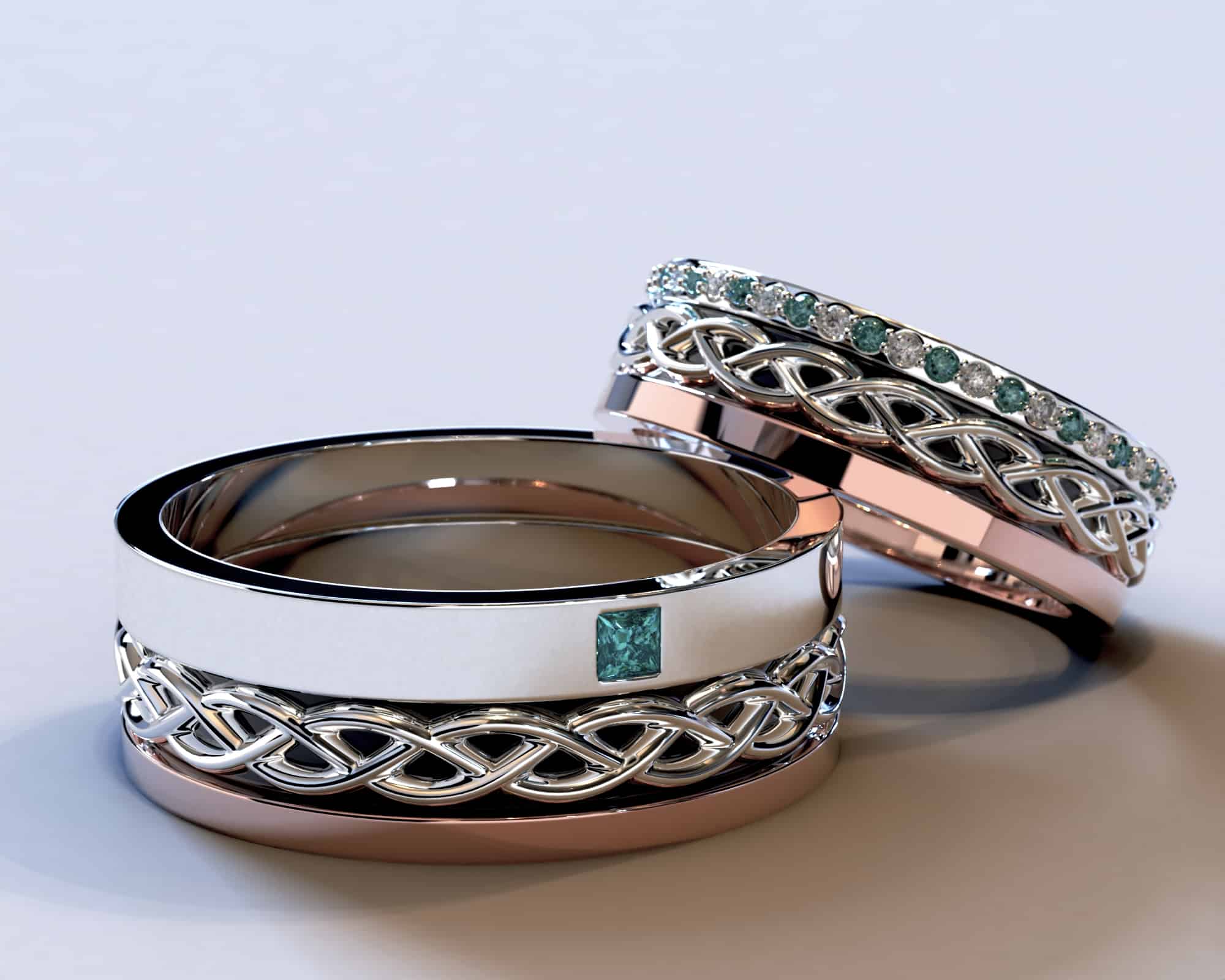 Two Tone Gold Blue Diamond Matching Wedding Bands – Celtic Design