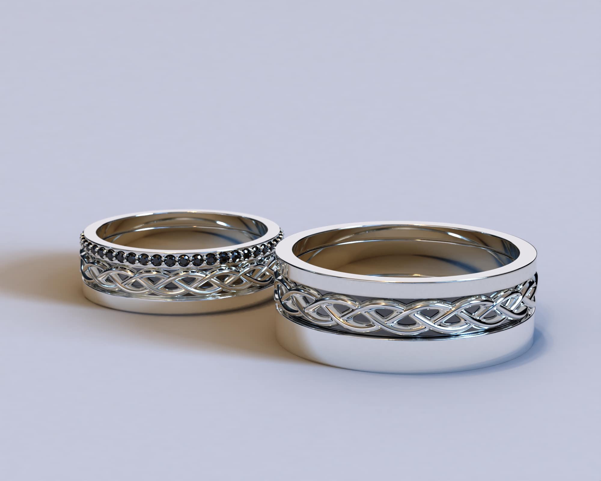 White Gold Black Diamond Matching Wedding Bands – Celtic Design