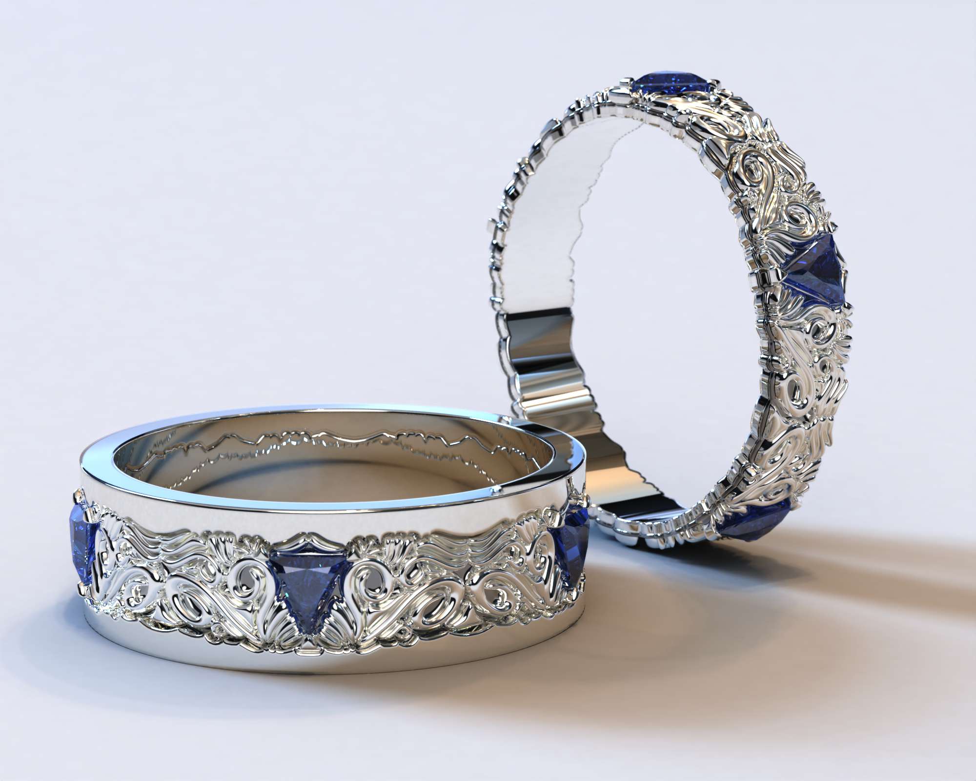 White Gold Sapphire His And Hers Matching Wedding Bands – Triangle Gem