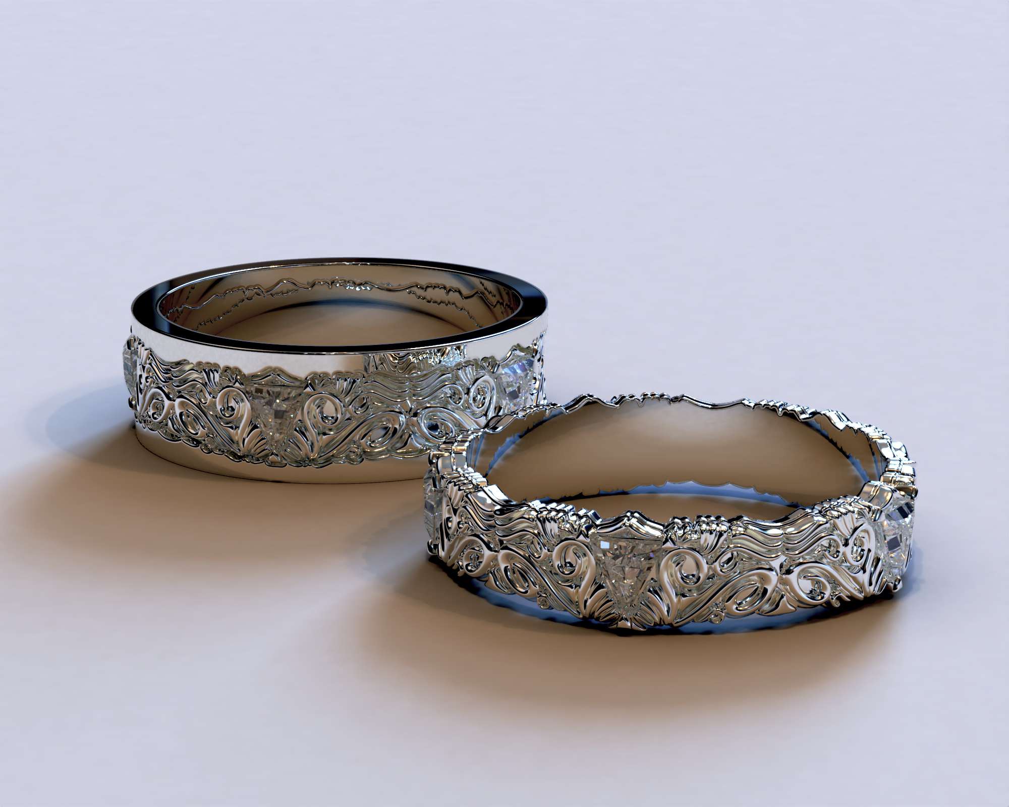White Gold Diamond His and Hers Matching Wedding Bands – Triangle Gem