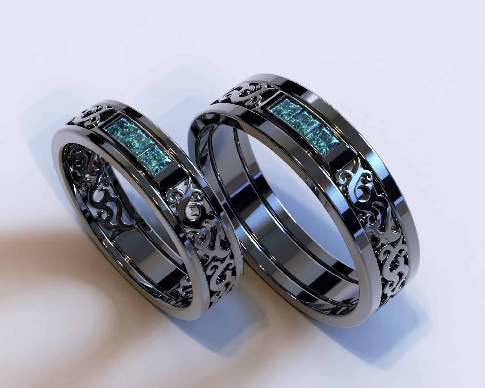 Black Gold Blue Diamond Matching Wedding Bands – Filigree Design