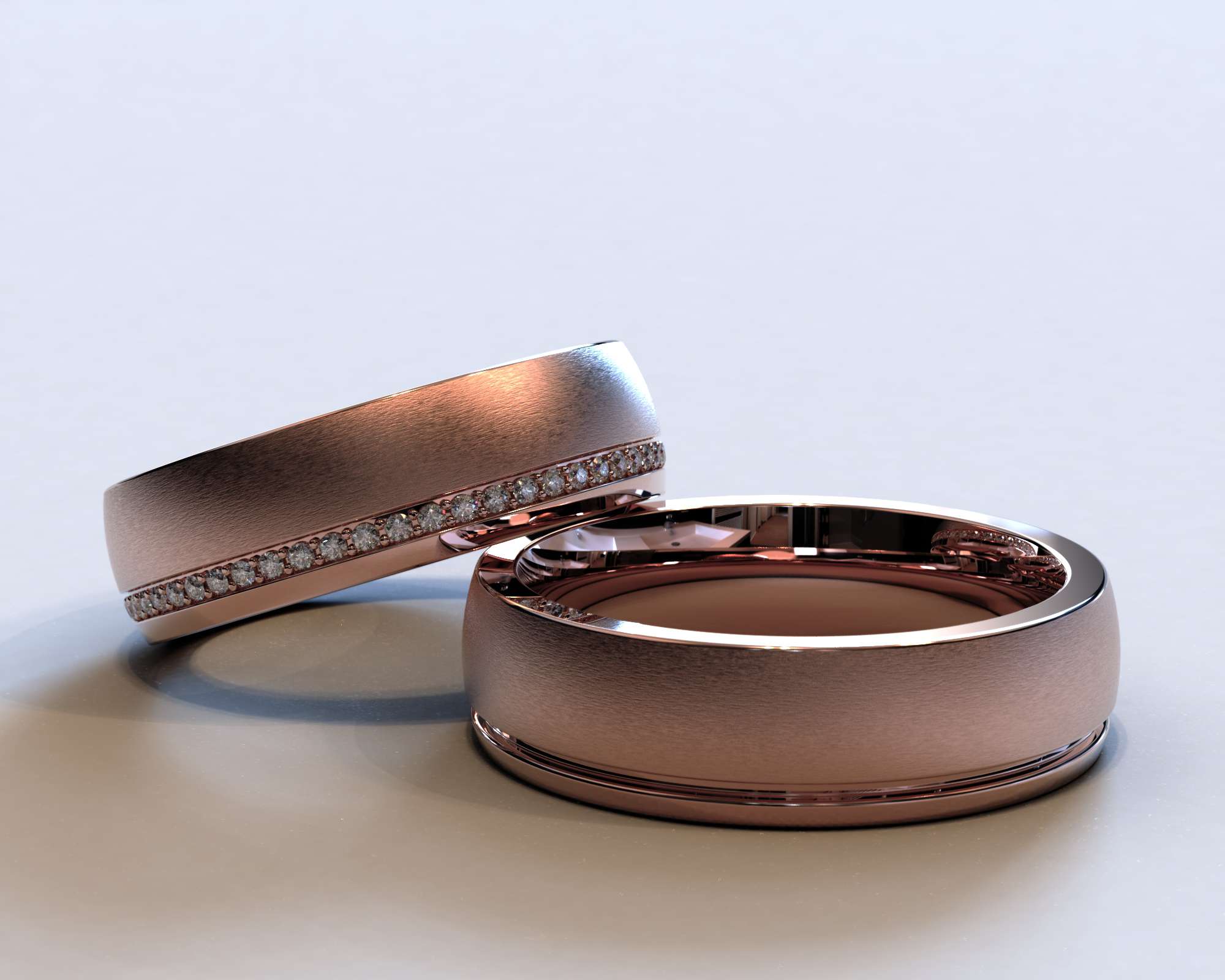 Rose Gold Diamond Matching Wedding Bands – Two Texture Ring