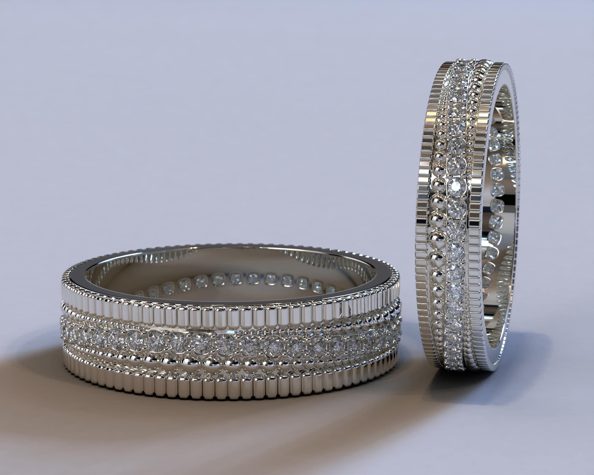 Textured White Gold Diamond Matching Wedding Bands – His and Hers Set