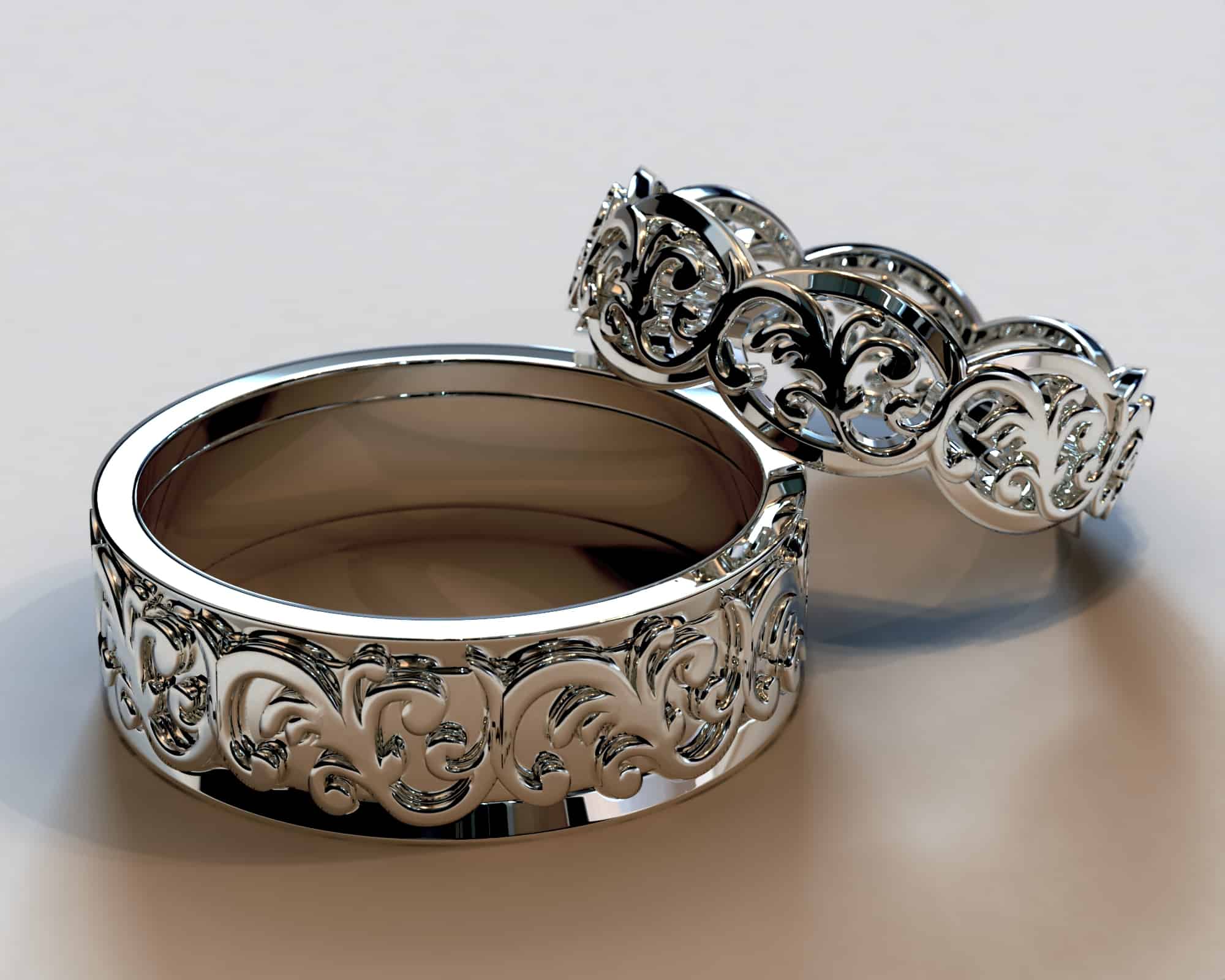 His and Hers White Gold Matching Wedding Bands – Flower Design