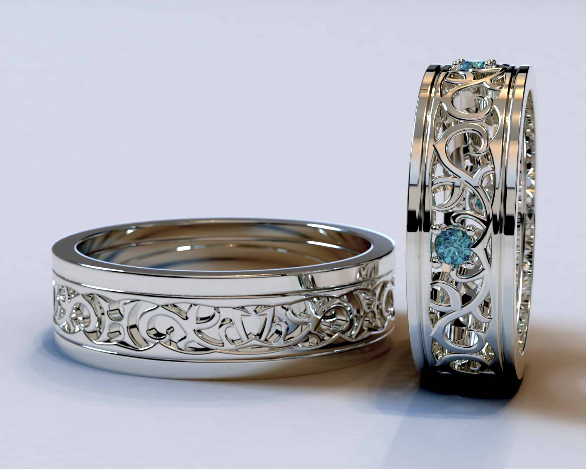 White Gold Blue Diamond Matching Wedding Bands – Unique Floral Rings