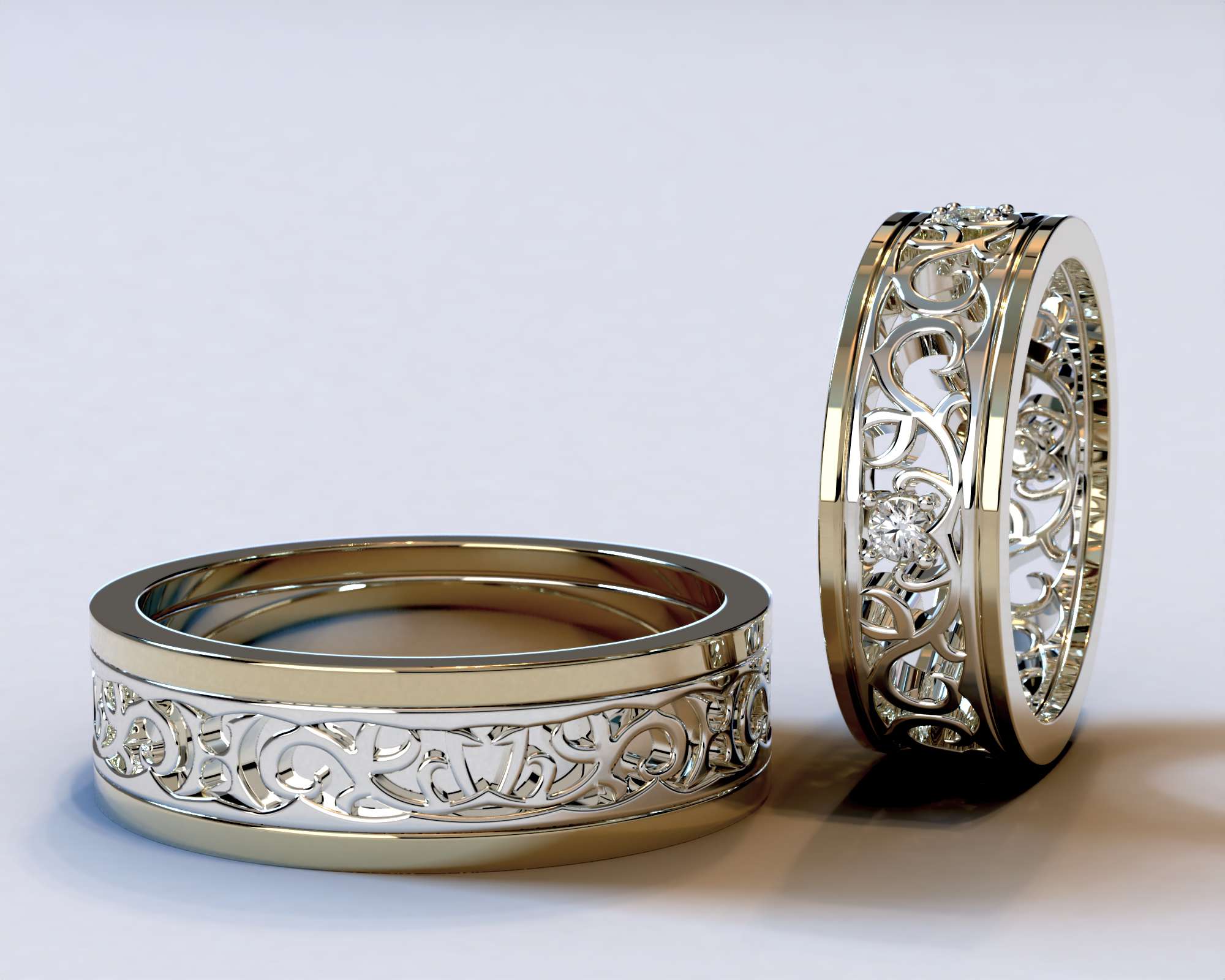 Two Tone Gold Diamond Matching Wedding Bands – Unique Floral Rings