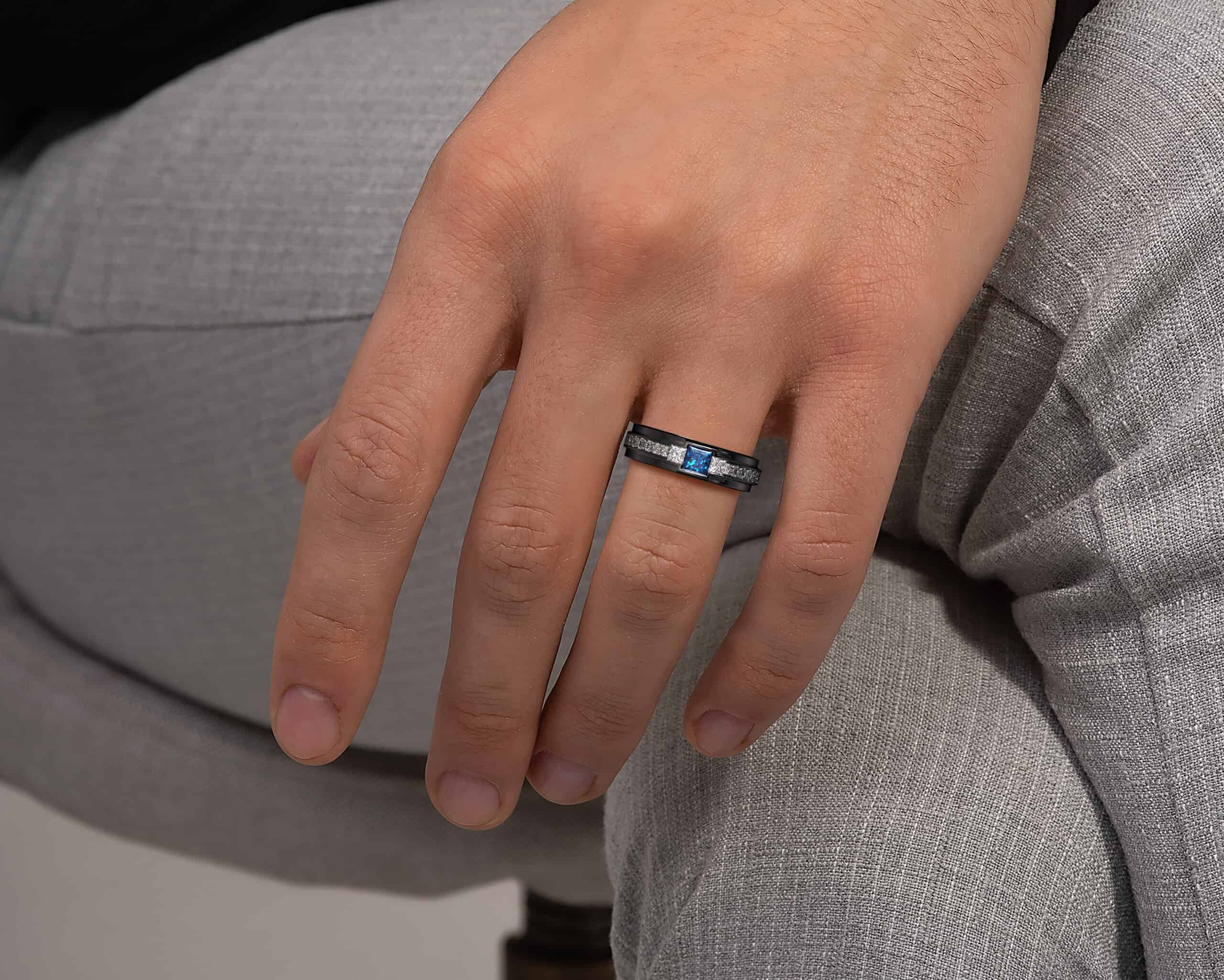 Sapphire & Diamond Black Gold Men's Wedding Band - Tapered Style