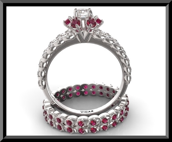 Diamond And Ruby Wedding ring set-Unique White Gold Flower Ring Set.