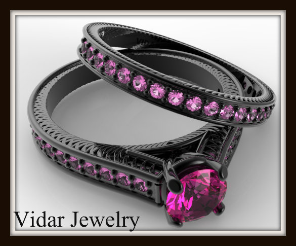 Pink Sapphire Black Gold Bridal Ring Set-Unique Ring Design!