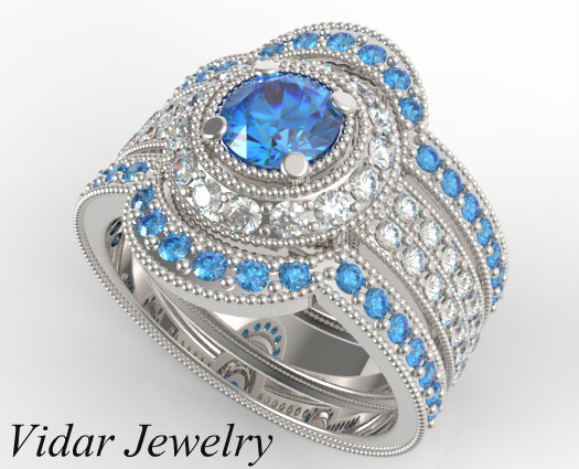 Filligree Fancy Blue Diamond Trio Wedding Ring Set-Unique Ring Set.