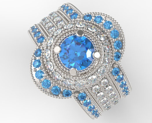 Filligree Fancy Blue Diamond Trio Wedding Ring Set