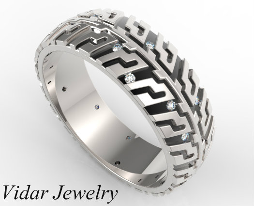 Menâ€™s Tire Tread Diamond Wedding Band-Unique Black And White Ring ...
