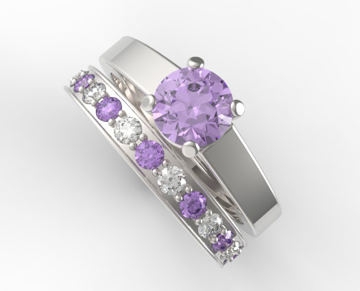 Unique Alternating Amethyst Diamond Wedding Ring Set.