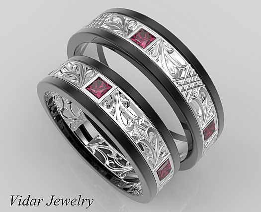 Princess Cut Ruby Unique Matching Wedding Bands in Two