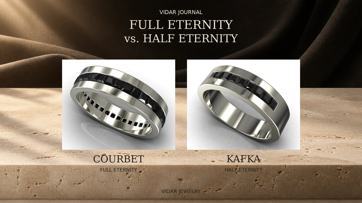 Courbet and Kafka Vidar men's wedding bands illustrating full and half eternity stone coverage