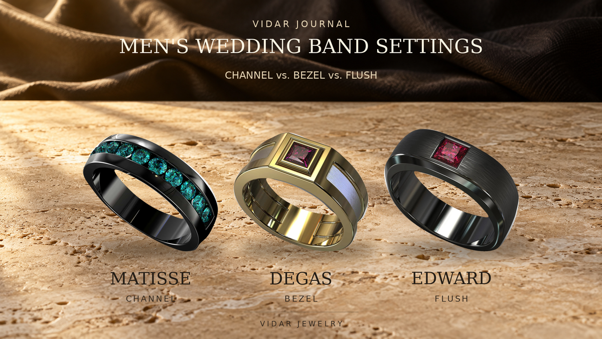 Matisse, Degas and Edward Vidar men's wedding bands showing channel, bezel and flush setting examples