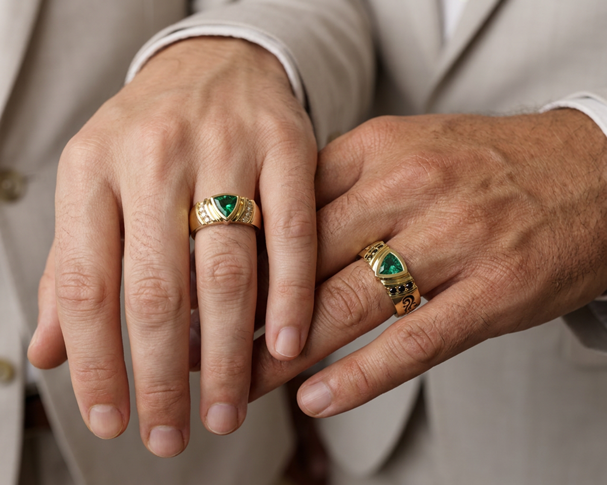 Tribal Gold Emerald Diamond Matching His and His Wedding Bands