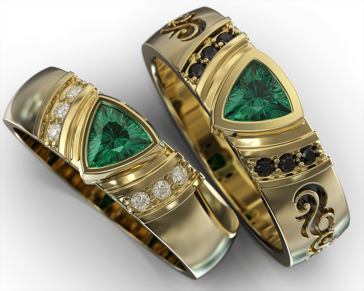 Tribal Gold Emerald Diamond Matching His and His Wedding Bands