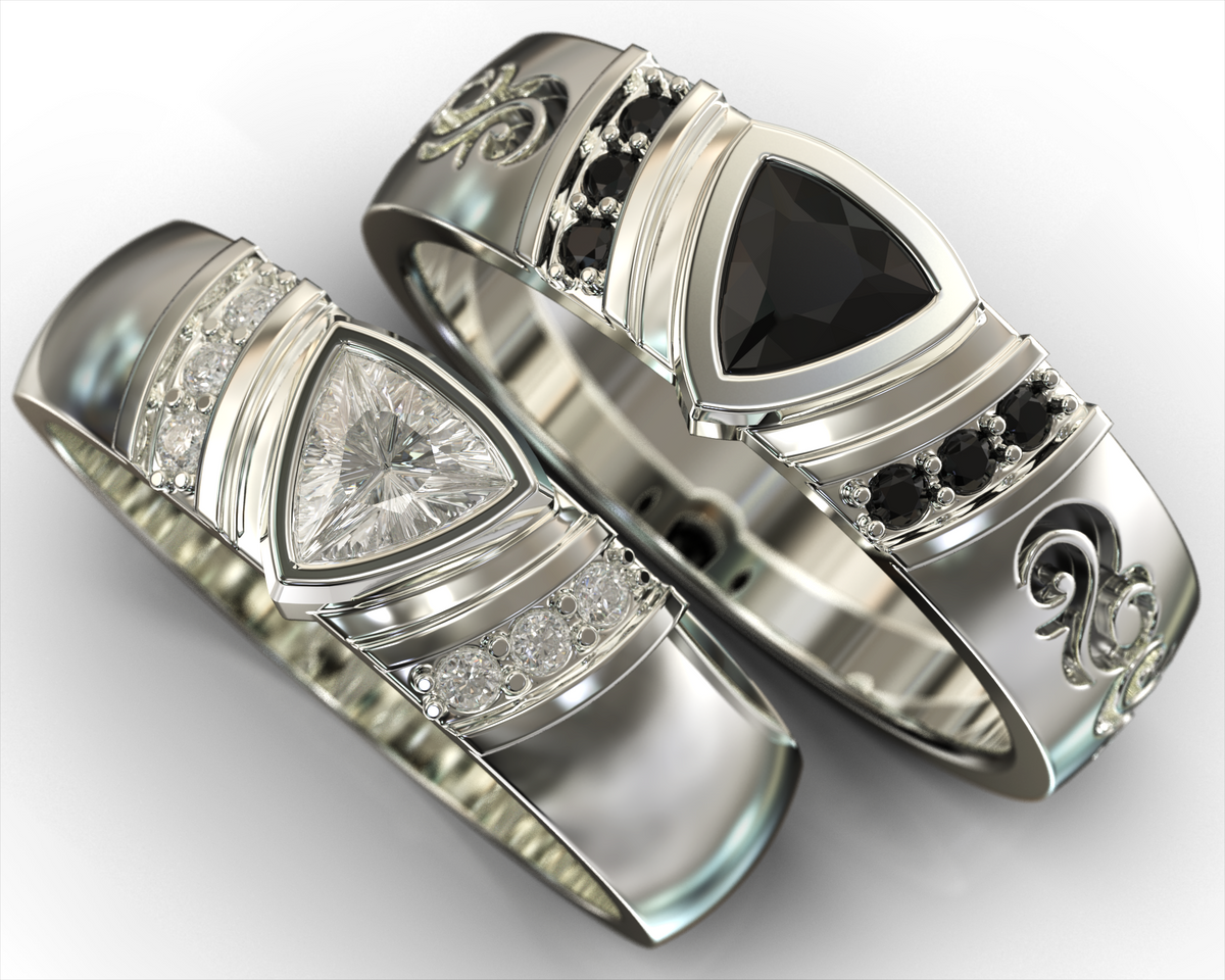 Black &amp; White Diamond Tribal His and His Matching Wedding Bands