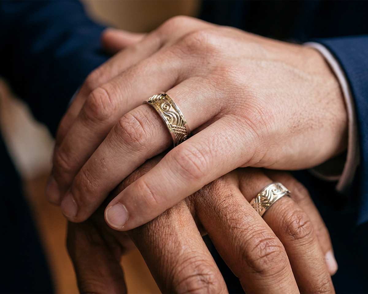 Two-Tone Gold His & His Matching Wedding Bands – Geometric Design