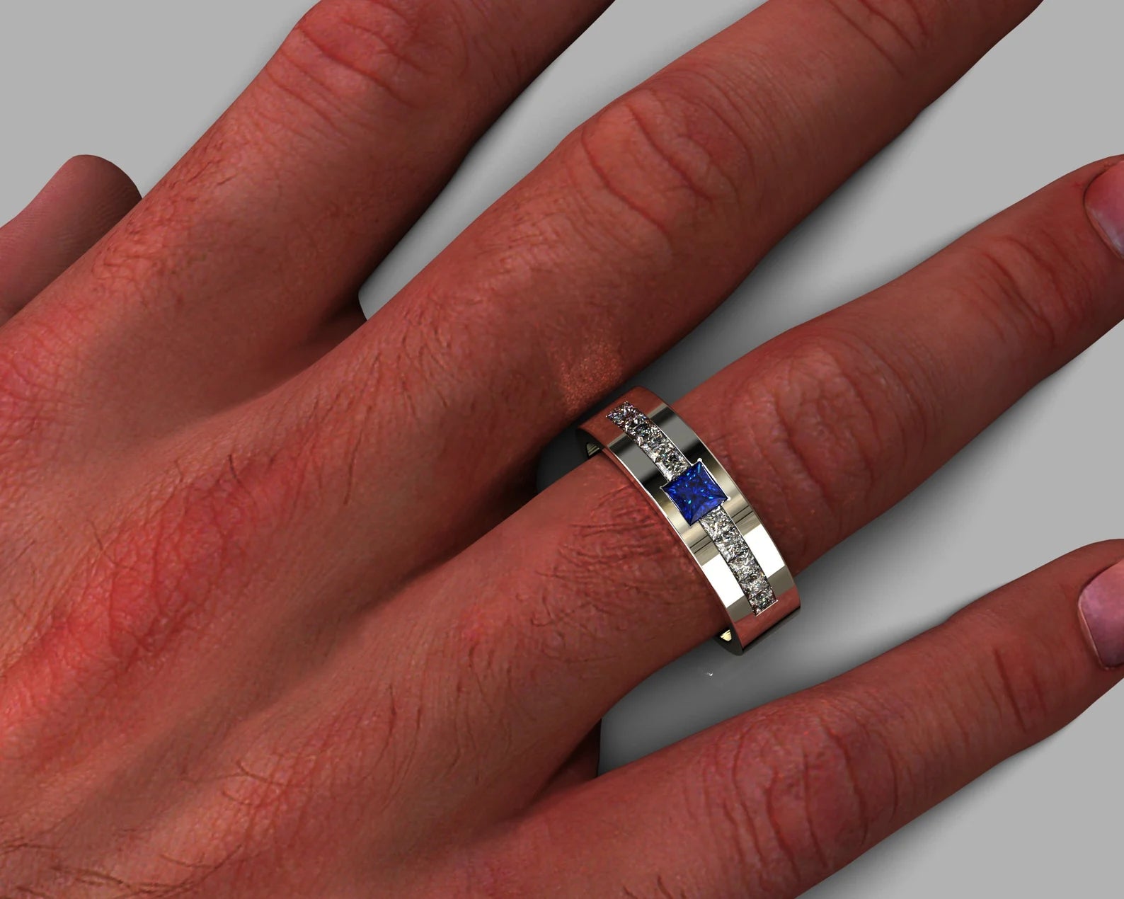 Mens Sapphire And Diamond White Gold Wedding Band - Channel Ring