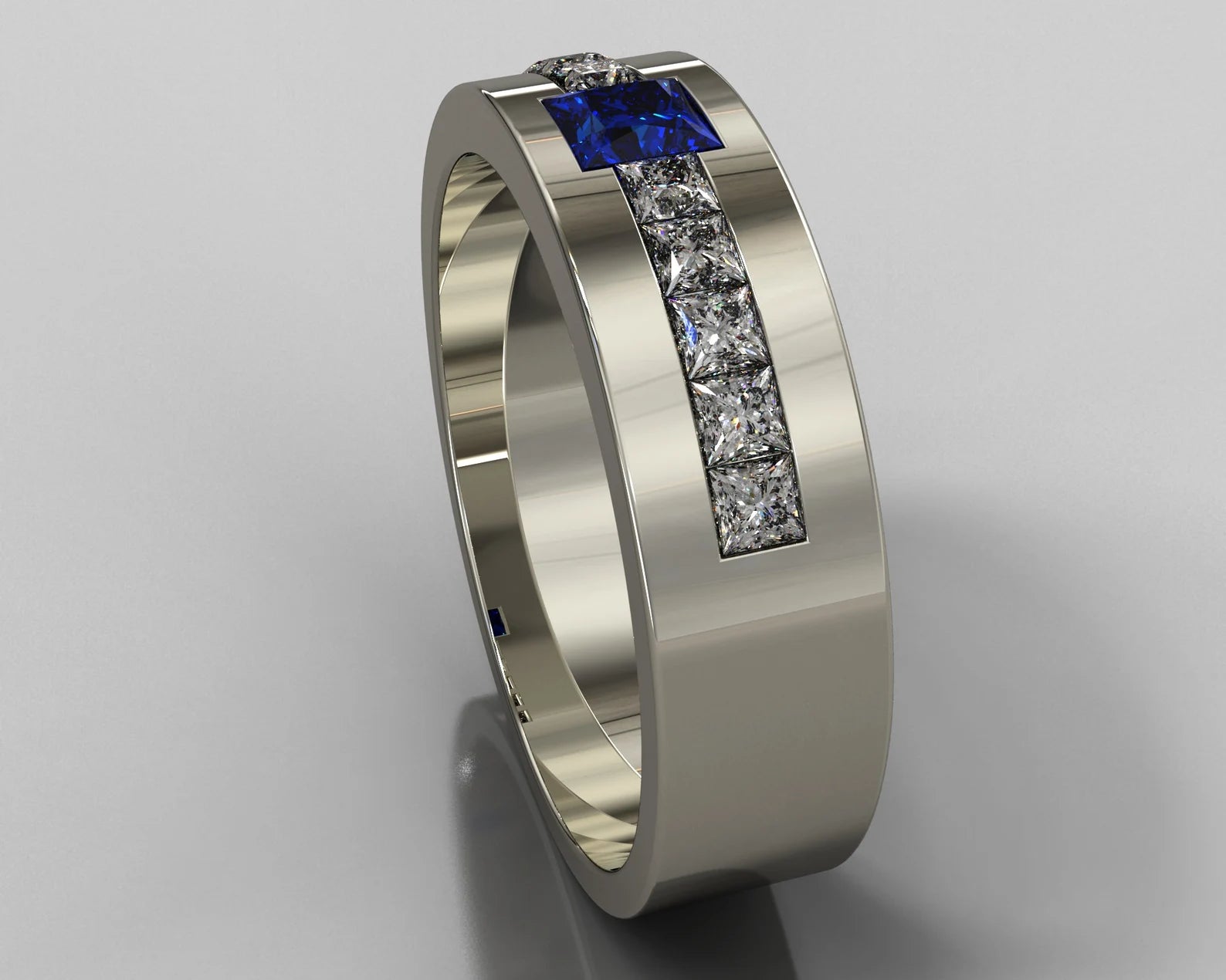 Mens Sapphire And Diamond White Gold Wedding Band - Channel Ring