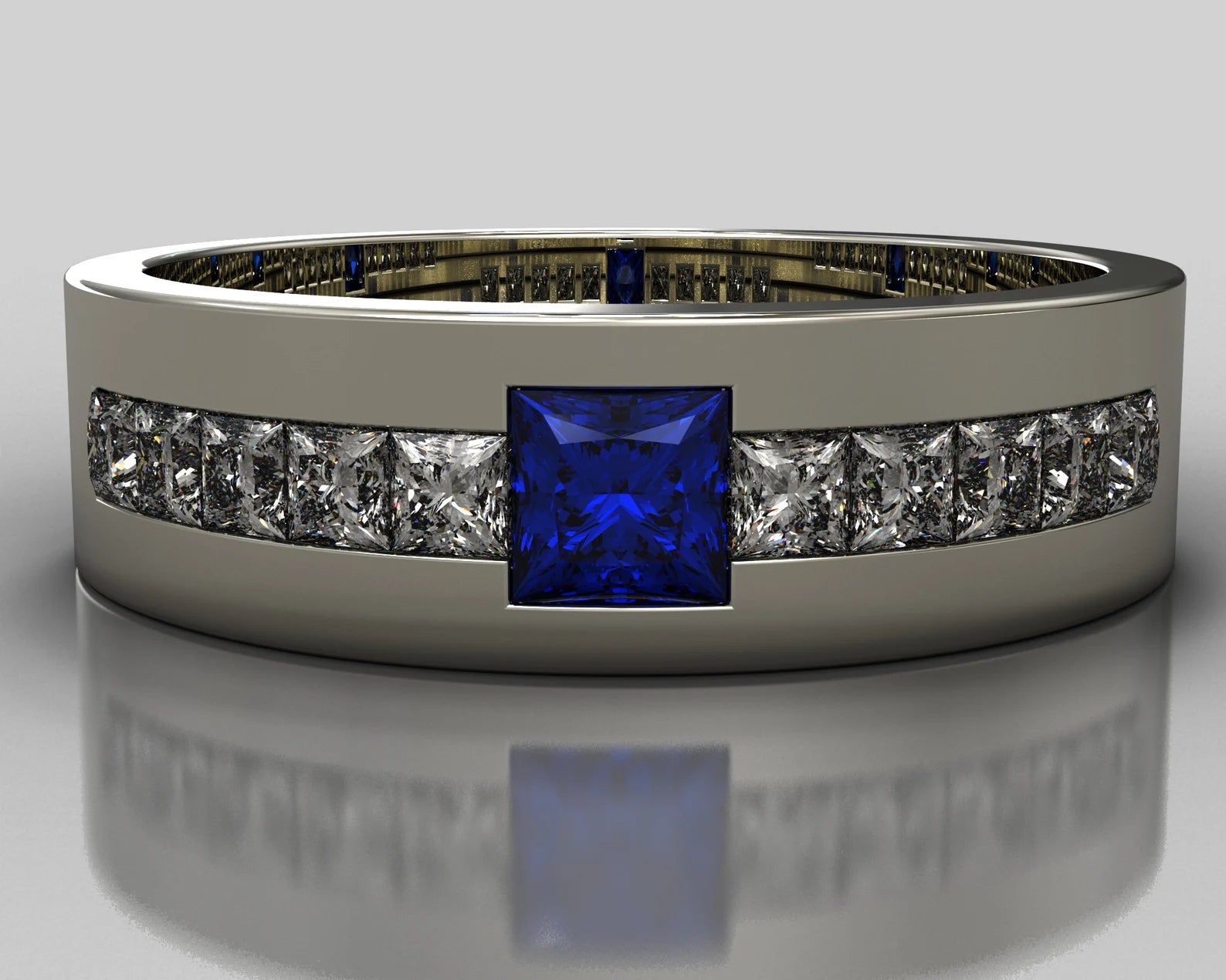 Mens Sapphire And Diamond White Gold Wedding Band - Channel Ring