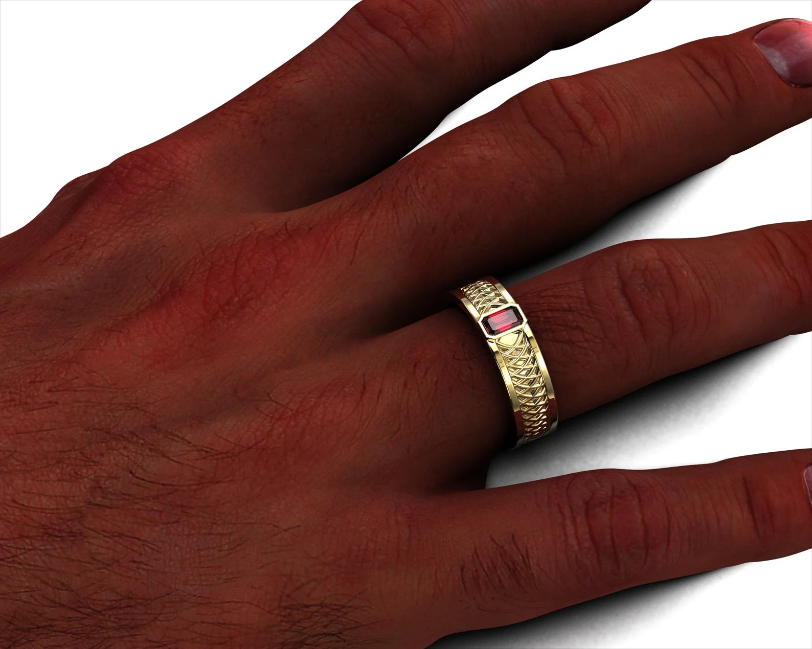 a man's hand with Ruby Gold Wedding Band