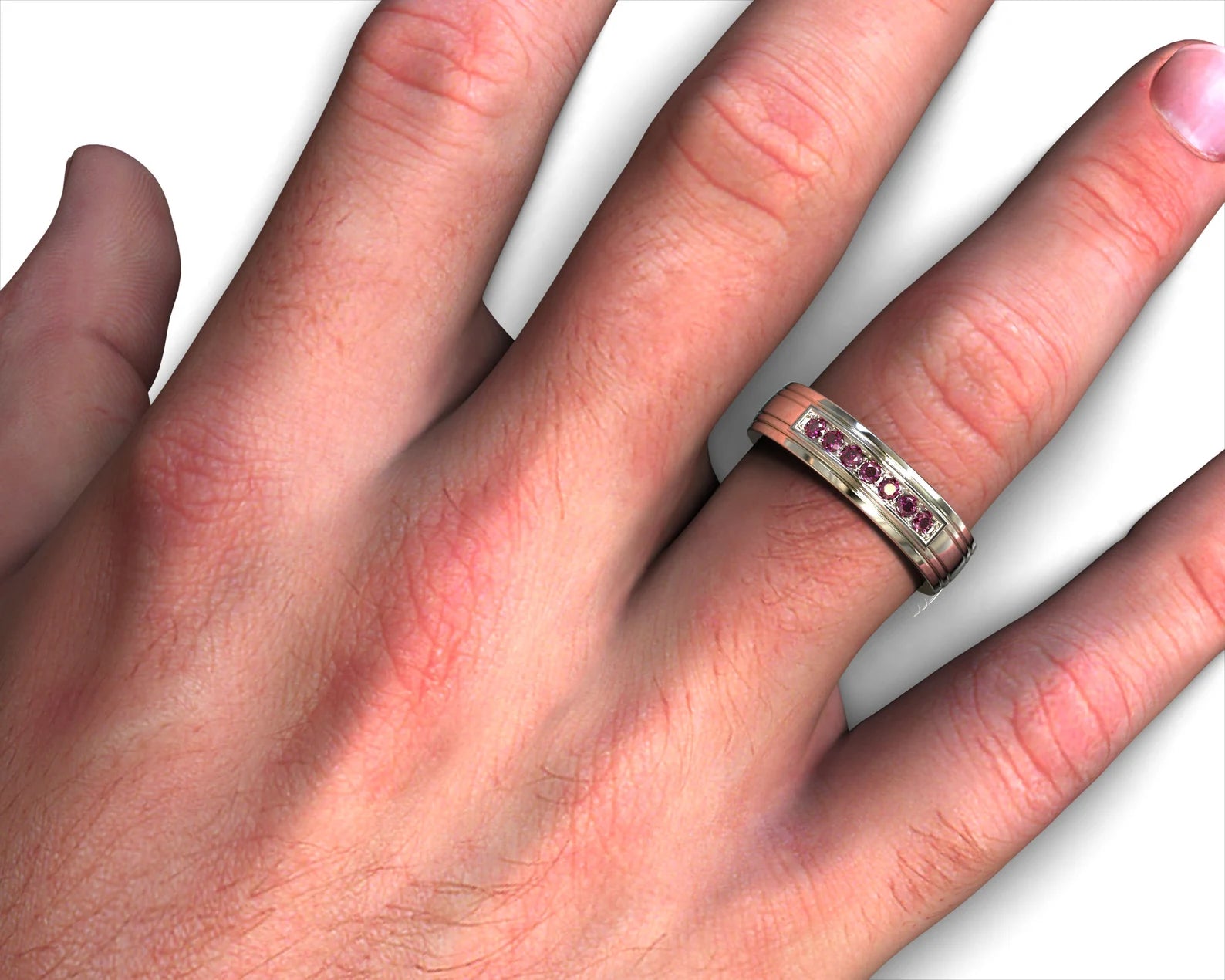 photo of a man's hand wearing a Ruby White Gold Band