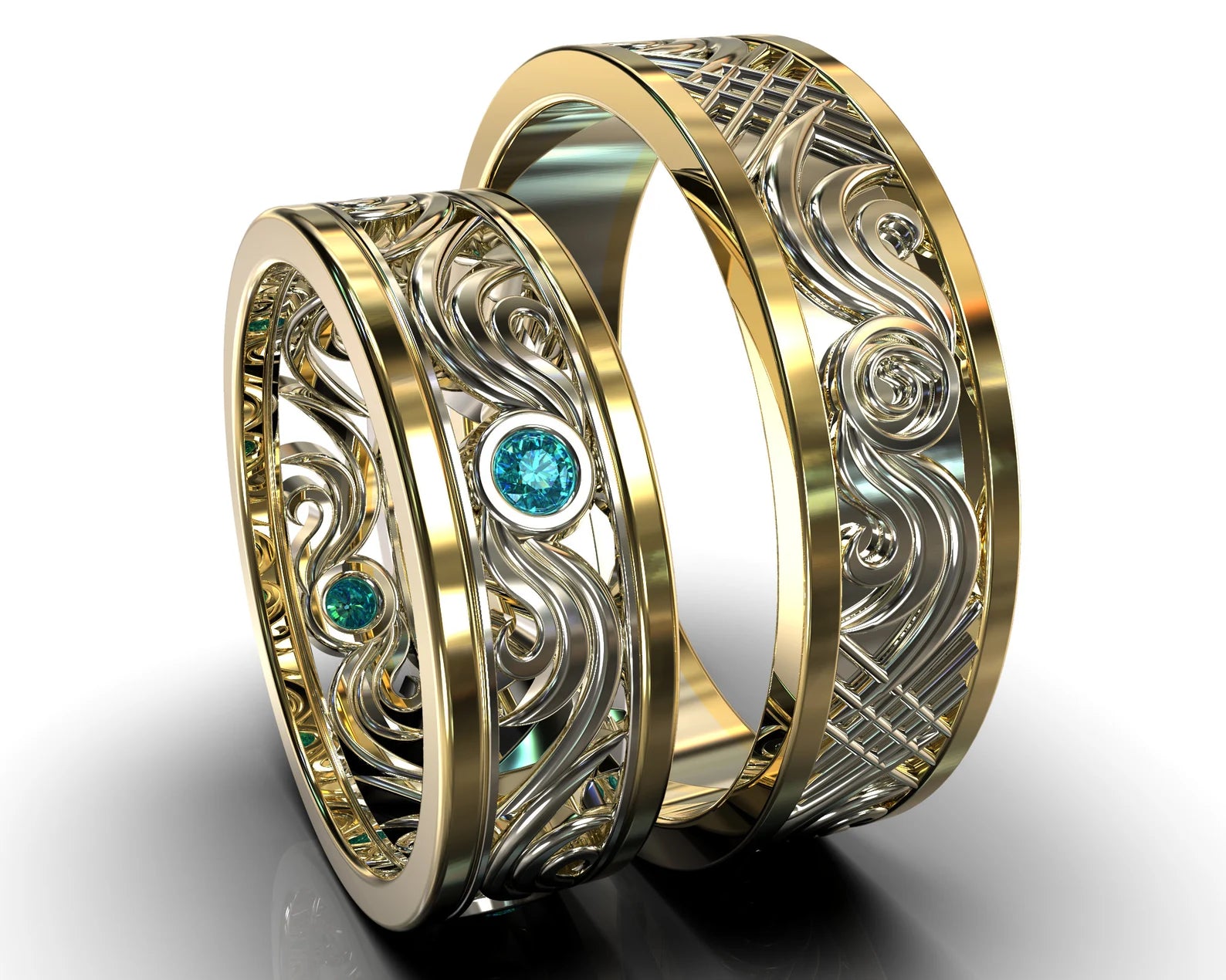 Two Tone Gold Blue Diamond His and Hers Matching Wedding Bands - Filigree Style – view 1