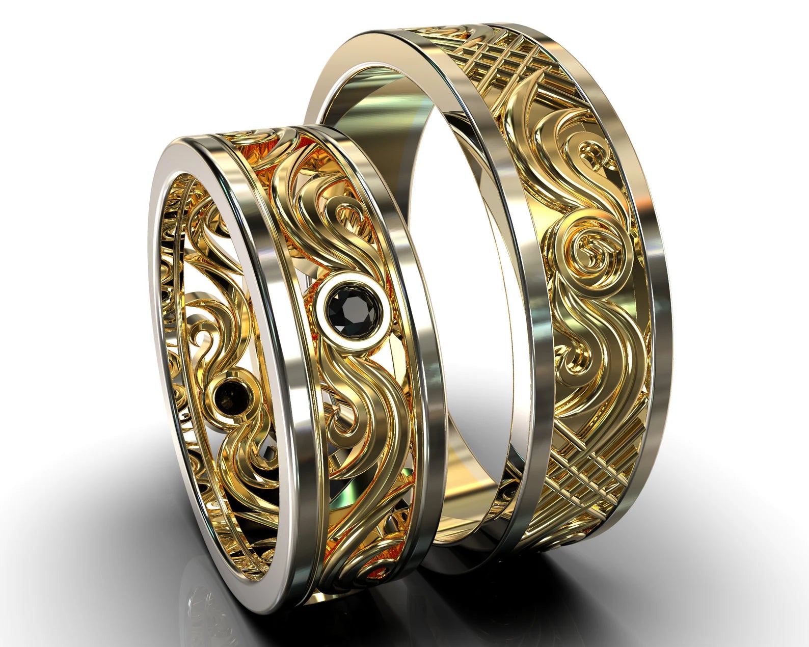 Two Tone Gold Black Diamond His and Hers Matching Wedding Bands - Filigree Style – view 1