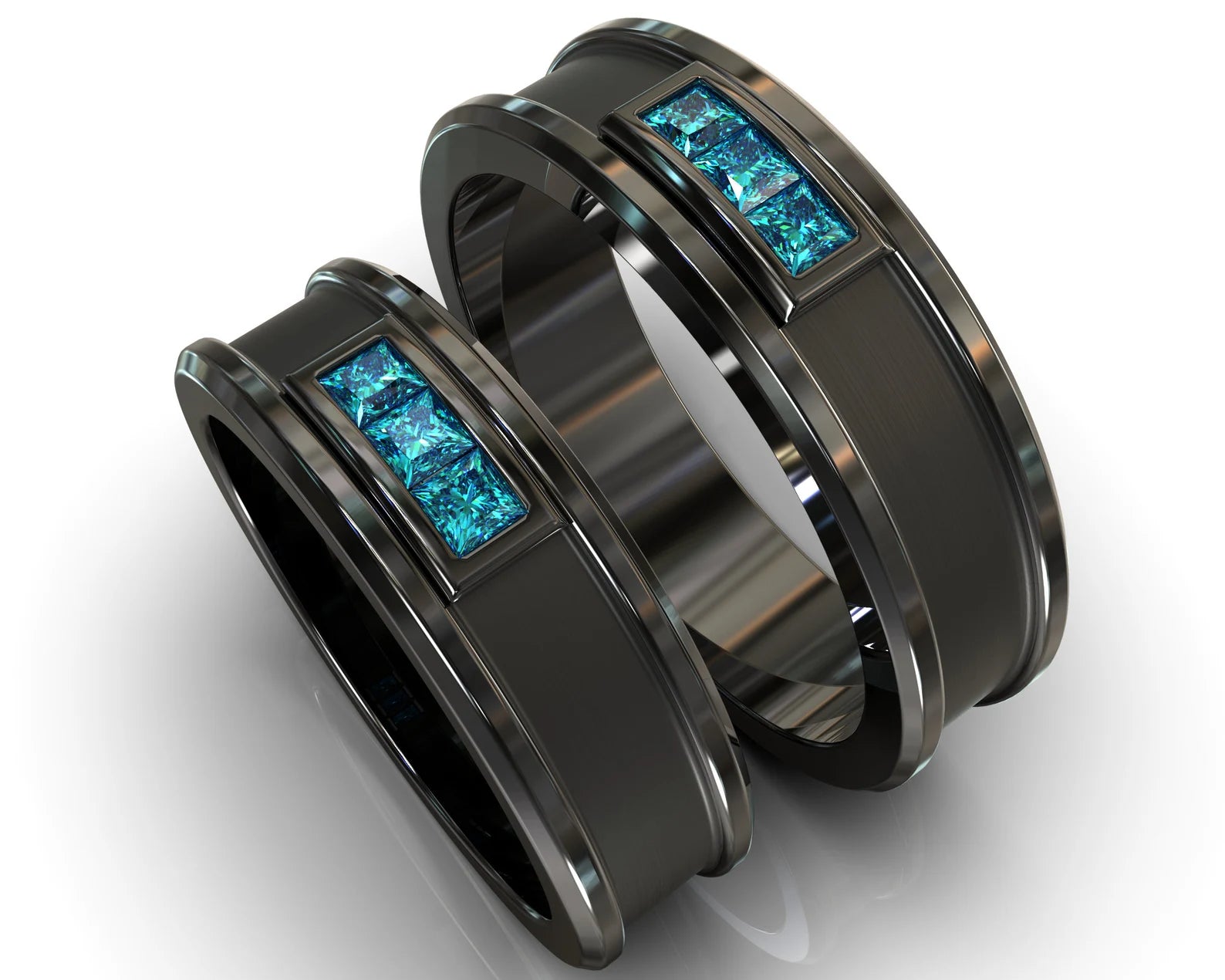 Black Gold Blue Diamond Black Gold His and Hers Matching Wedding Bands - Square Gem